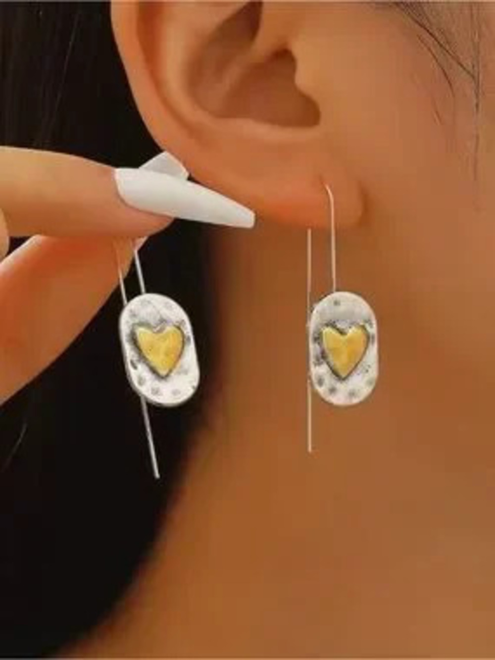Handmade Silver Drop Earrings with Gold Heart Accent - Women Jewelry